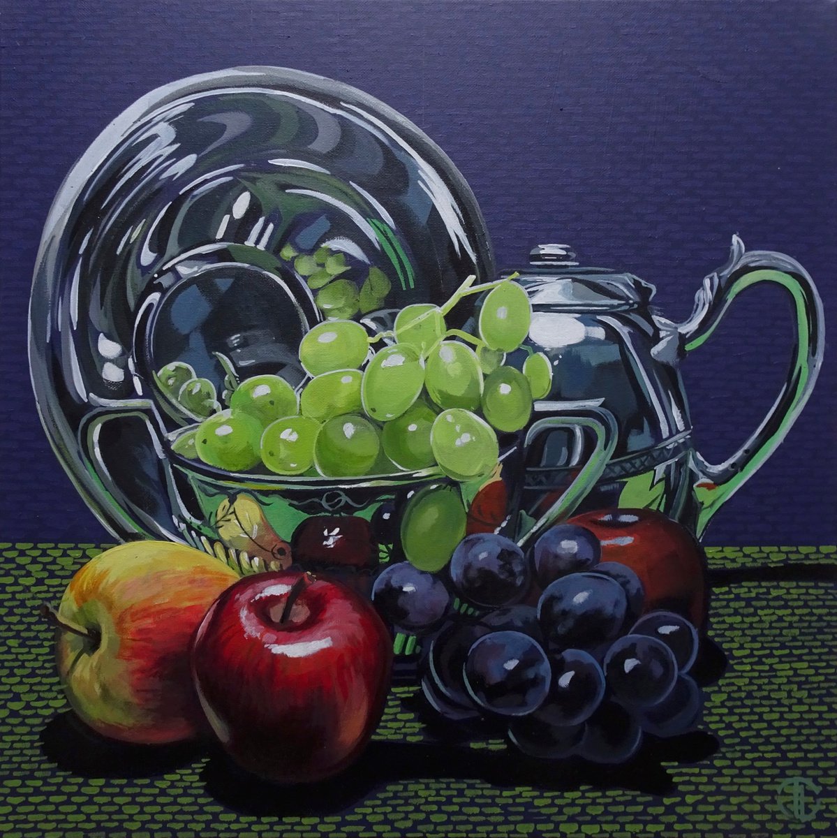 Impressionistic Still Life Acrylic Painting By Joseph Lynch, 20 X 20, Fruit And Silverware, Original Artwork