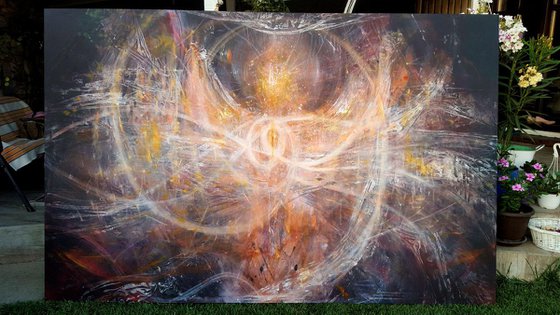 Gigantic size angel composition 290 x 190 x 3 cm eclectic incandescent art by O KLOSKA