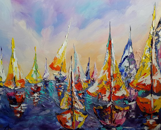 Yacht Club - yacht, oil painting, seascape, sea with yachts, landscape, yacht original painting, gift, impressionism, palette knife