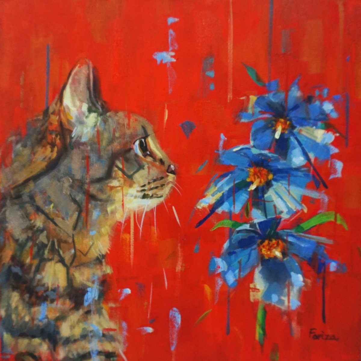 Impressionistic Animal Oil Painting By Amaya Fernandez Fariza, 16 X 16, Blue Flowers, Original Artwork