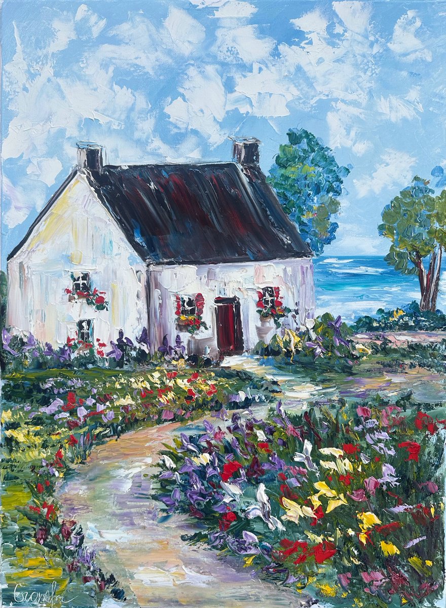 Impressionistic Cityscapes Oil Painting By Oksana Fedorova, 20 X 28", Cute House On The Coast, Original Artwork