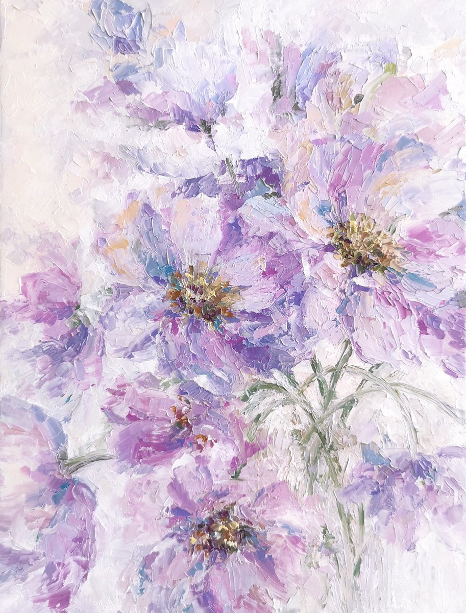 Flowers in pastel colors. Light lilac impressionist flowers by Olya Grigo