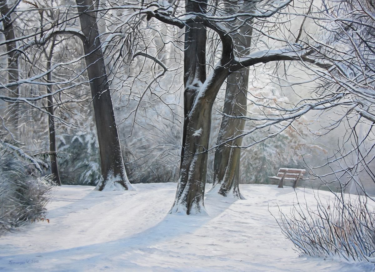 Photorealistic Oil Painting , Winter In The Park (Oil Painting) By Mayrig Simonjan, 31 X 24, Artwork For Sale On Artfinder