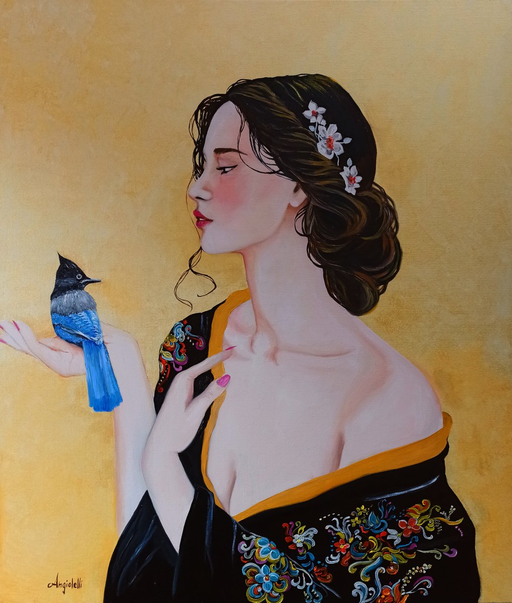 Photorealistic Portrait Painting By Anna Rita Angiolelli, 24 X 28, Portrait With Bluebird, Original Artwork