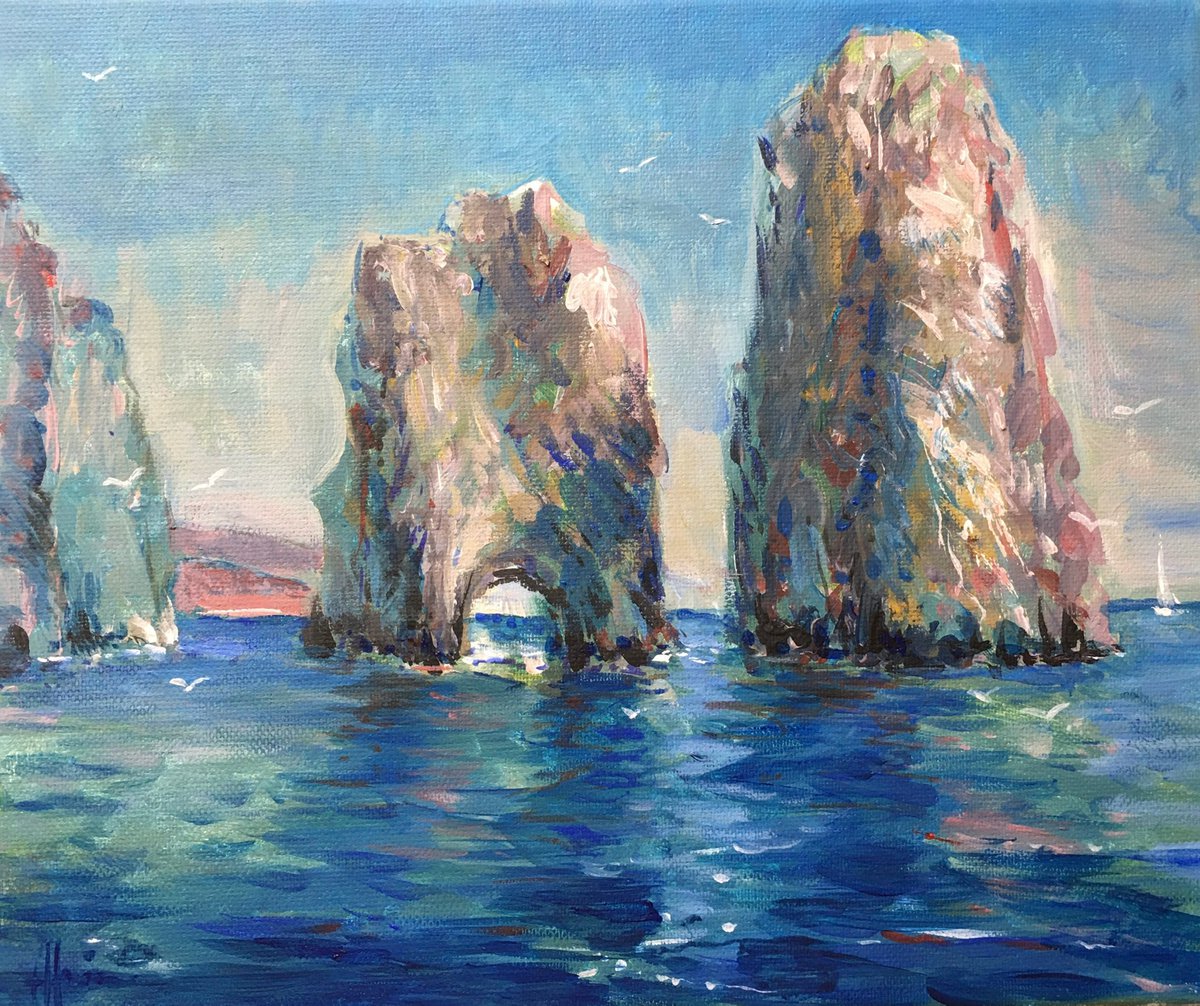 Impressionistic Landscape Acrylic Painting By Altin Furxhi, 12 X 10, Faraglioni Capri., Original Artwork