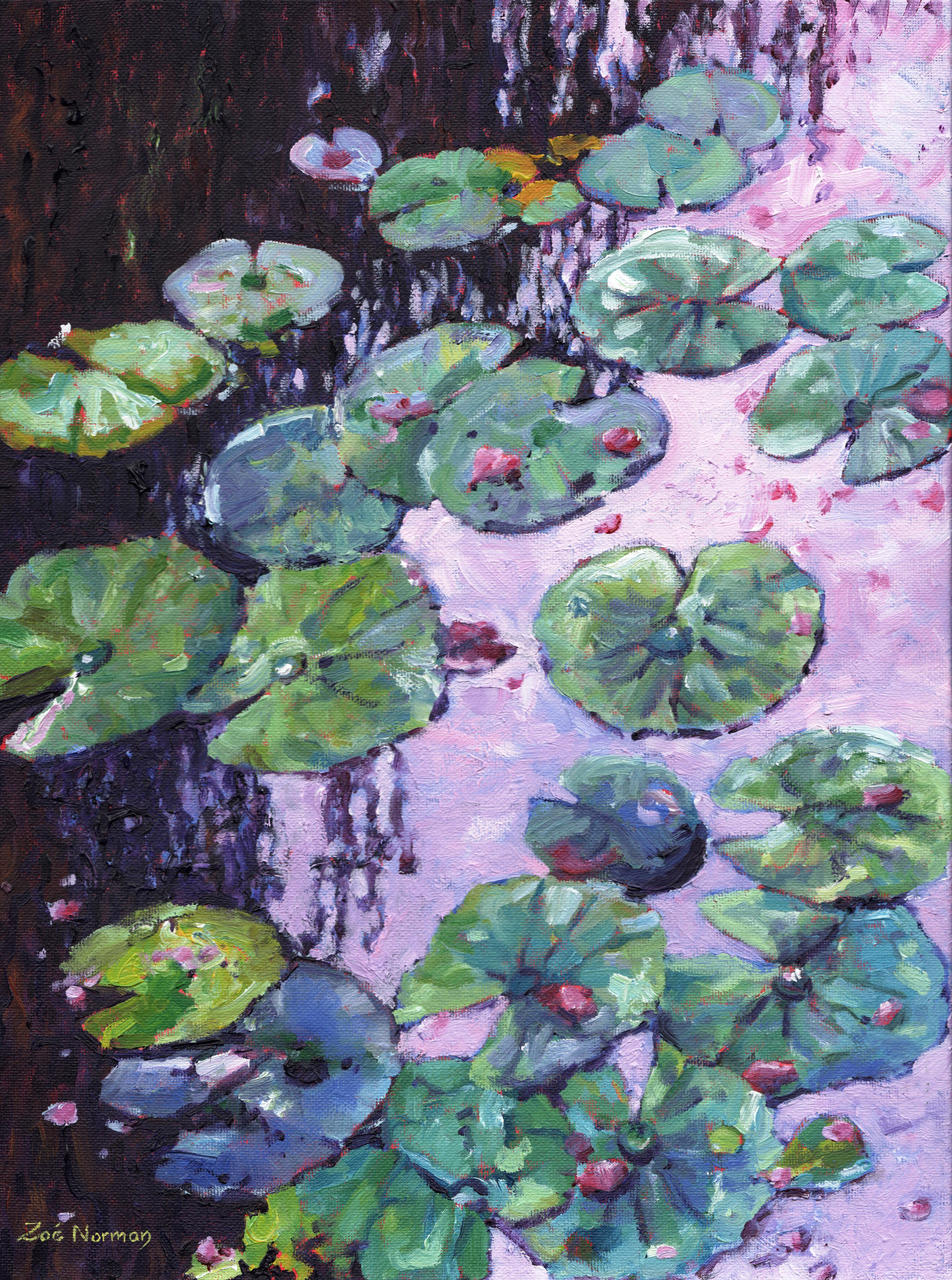 Impressionistic Botanical Oil Painting By Zoe Elizabeth Norman, 12 X 16", Nympheas And Rose Petals -Waterlilies, Artfinder