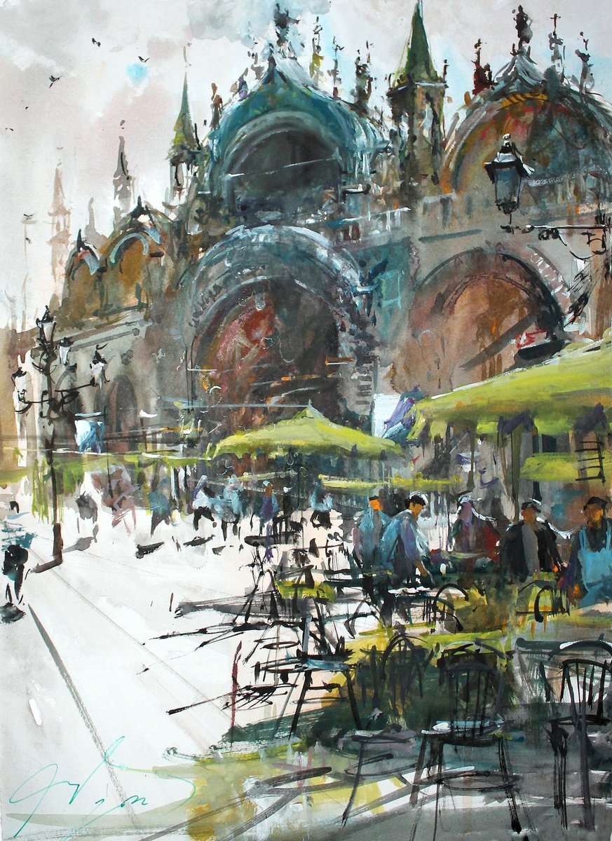 Impressionistic Cityscapes Watercolour By Maximo Damico, 12 X 17", Fluid San Marco, Original Artwork