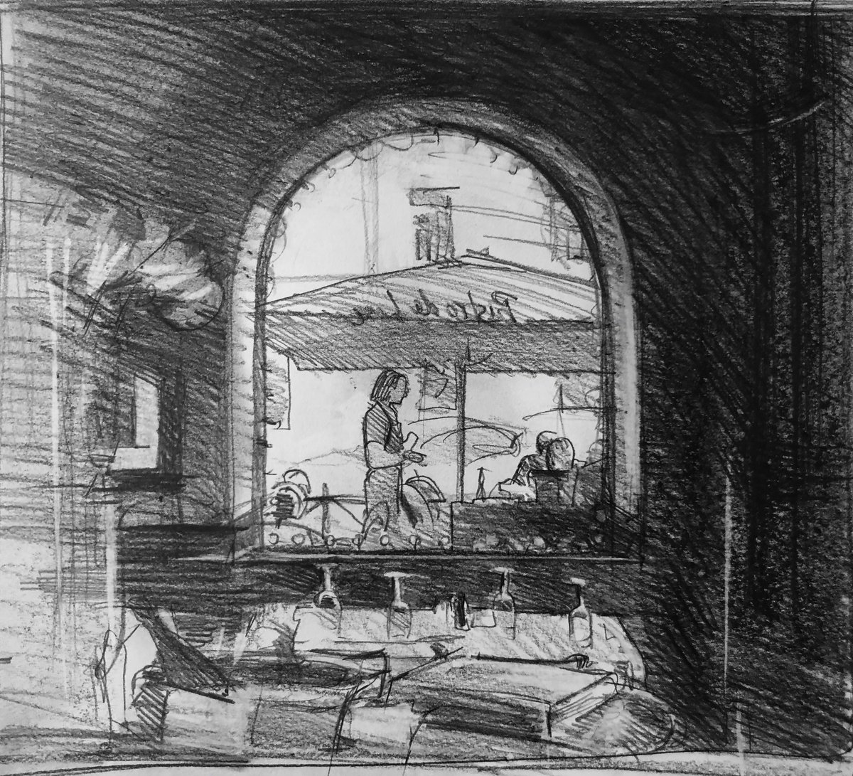 Graphic Portrait Pencil Drawing By Patricia Moskalevich, 18 X 16", Bistro Sketch Viii, Original Artwork