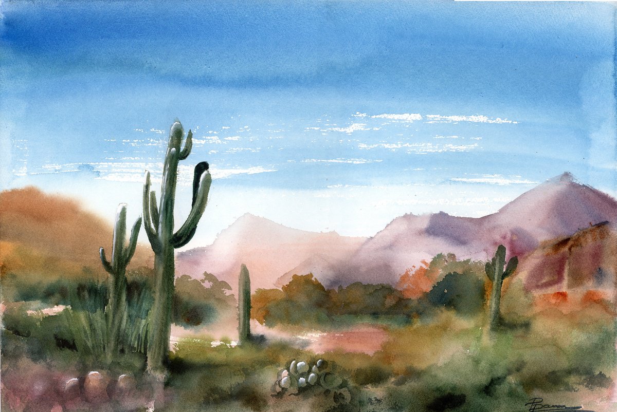Impressionistic Watercolour , Saguaro Valley By Olga Tchefranov (Shefranov), 18 X 12, Artwork For Sale On Artfinder