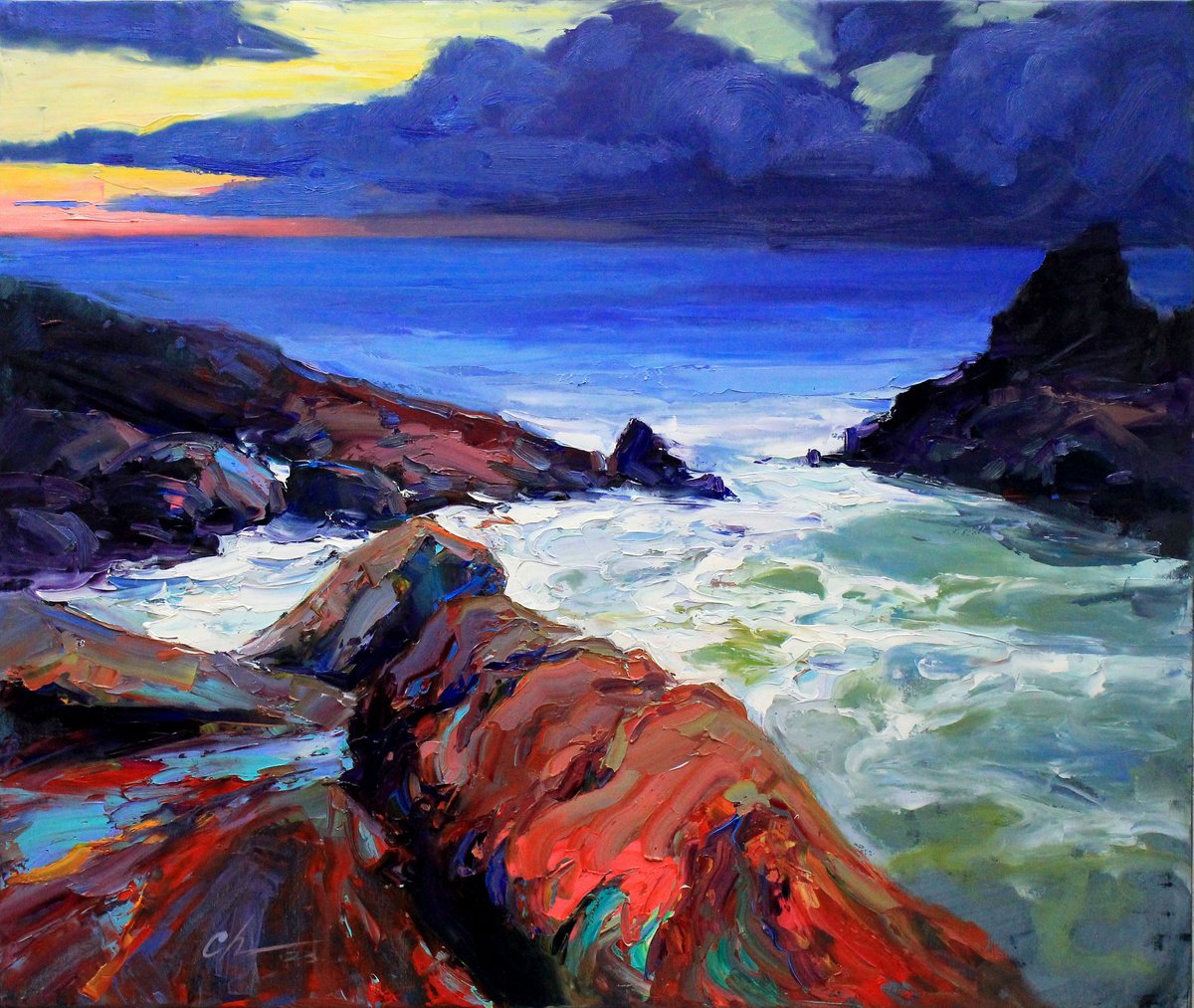 Impressionistic Landscape Oil Painting By Serhii Cherniakovskyi, 37 X 31", Evening Sea, Original Artwork