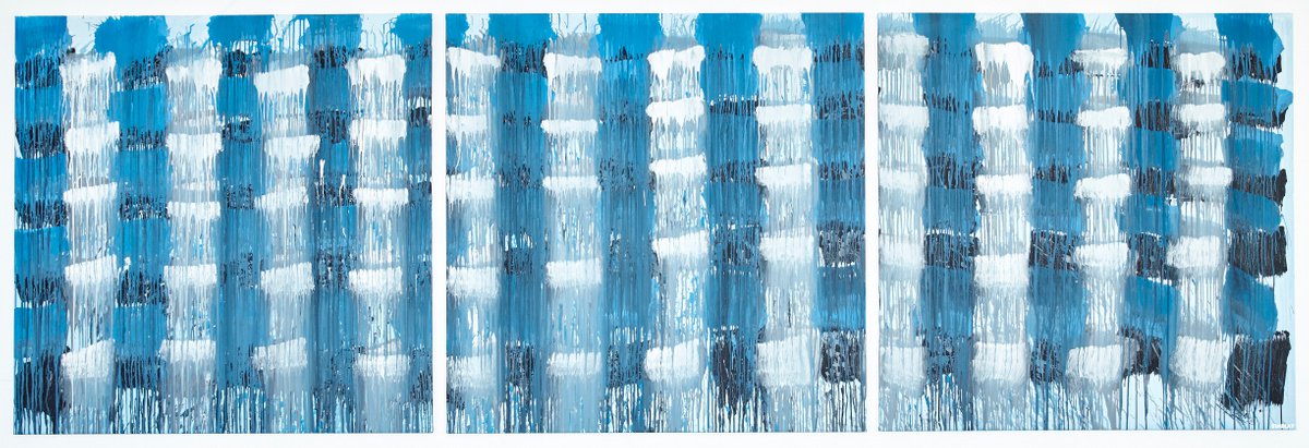 Geometric Abstract Acrylic Painting By Simon Findlay, 177 X 59", Blue Clouds Grey, Original Artwork