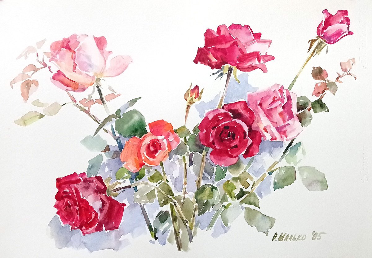 Impressionistic Botanical Watercolour By Olha Malko, 20 X 14", Bright Roses. Sketch, Original Artwork