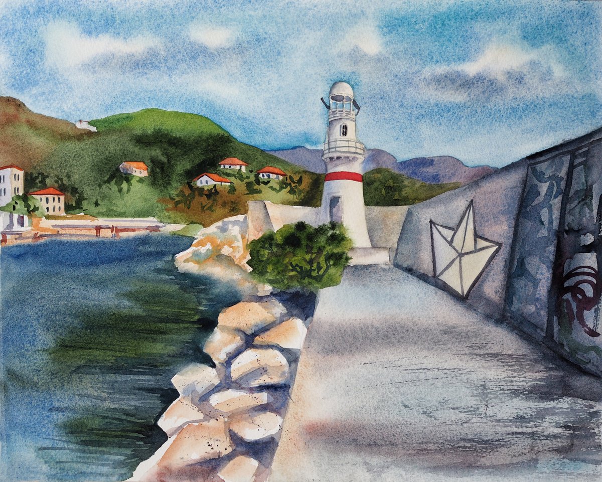 Lighthouse - original watercolor by Delnara El