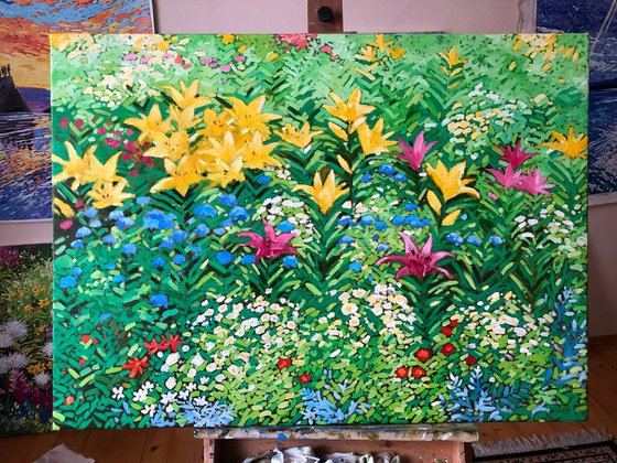 Abstract flowers painting, summer garden wall art, Impressionism painting