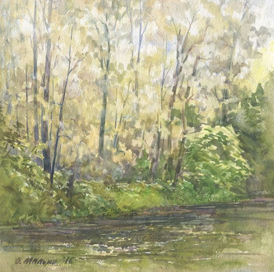 Summer greenery. Flowering trees near the pond / Green watercolor landscape