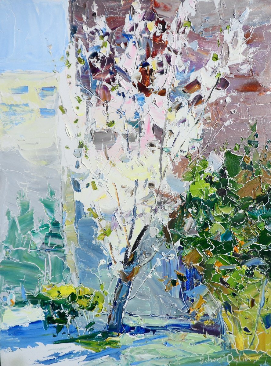 Impressionistic Landscape Oil Painting By Yehor Dulin, 12 X 16", " Plum Blossoms", Original Artwork