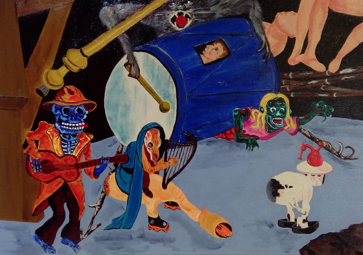 Surrealistic Abstract Oil Painting By Corinne Hamer, 28 X 20, The Band, Original Artwork