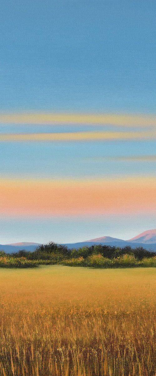 Distant Mountains - Blue Sky Golden Field Landscape by Suzanne Vaughan