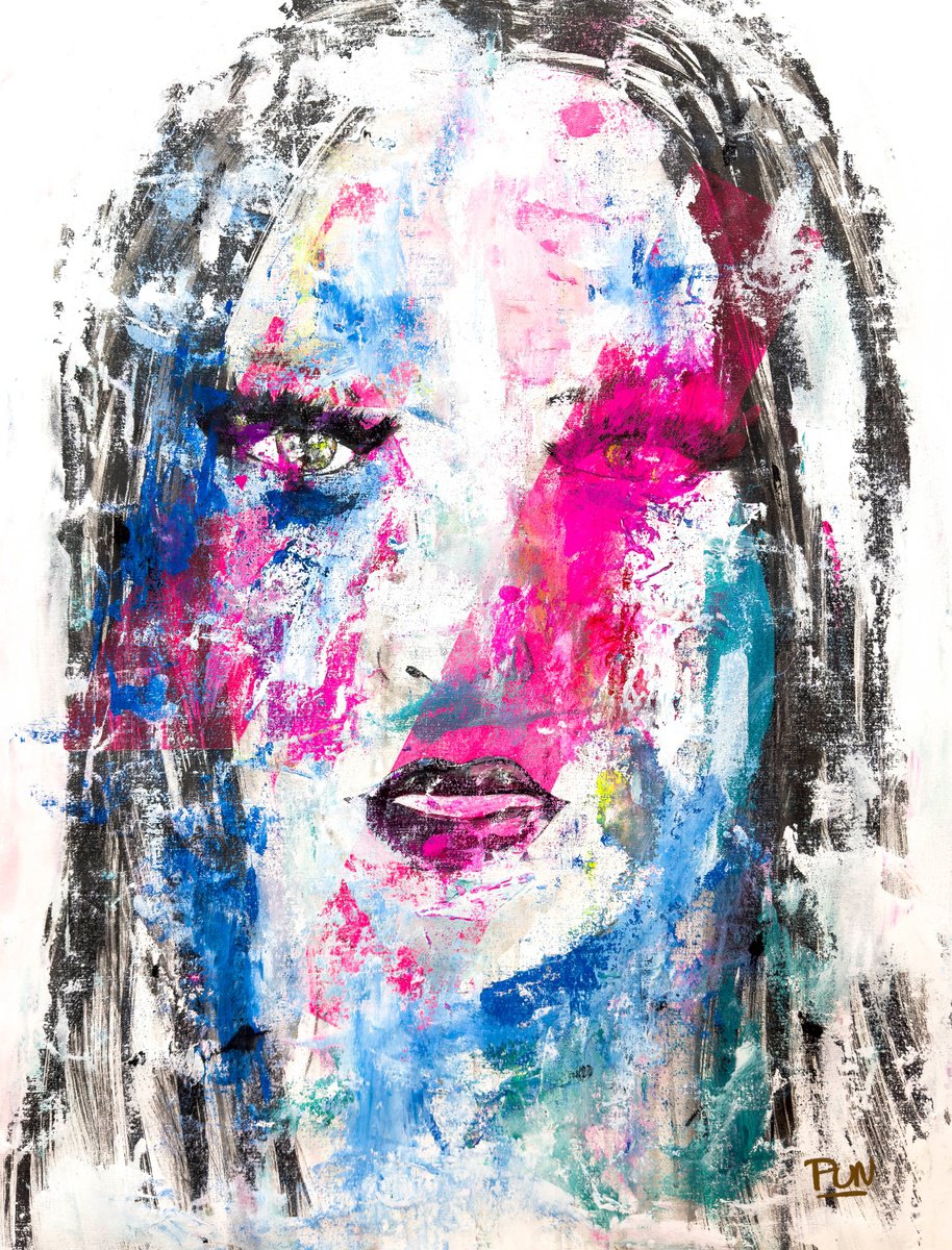 Cartoon Portrait Acrylic Painting By Carlos Pun Art, 28 X 35, Ethereal Grace - Girl Portrait Series, Original Artwork