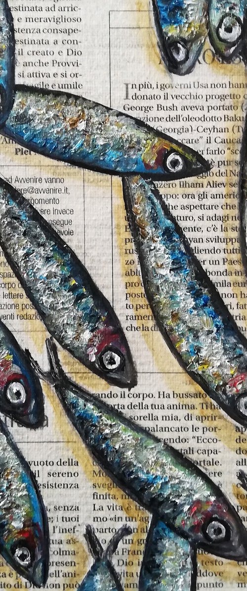 "Mixed Anchovies on Newspaper" Original Oil on Canvas Board Painting 8 by 8 inches (20x20 cm) by Katia Ricci