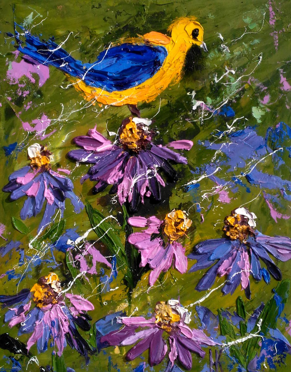Chickadee Painting Bird Original Art Coneflowers Oil Impasto Titmouse Artwork Echinacea Pa... by Halyna Kirichenko