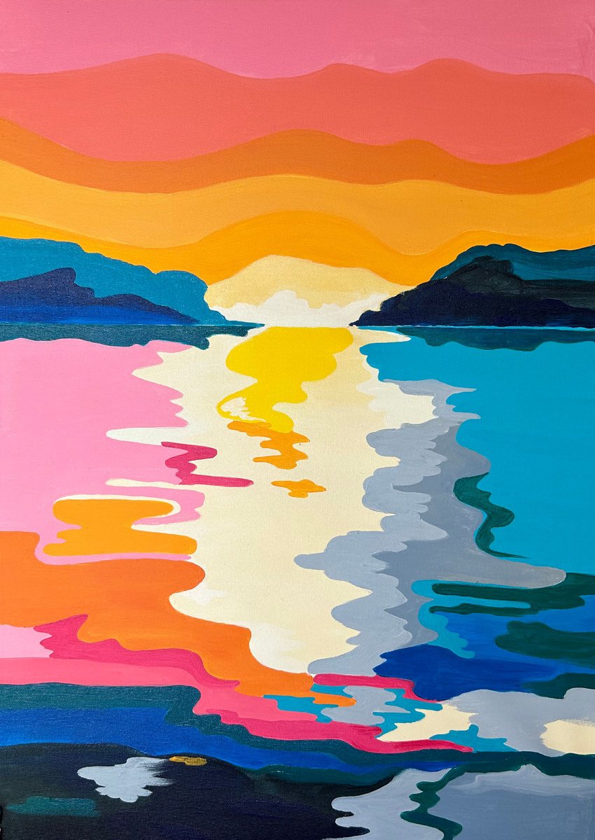 Expressive Landscape Acrylic Painting By Alexandra Dobreikin, 20 X 28, Sunset Deep Shadows, Original Artwork