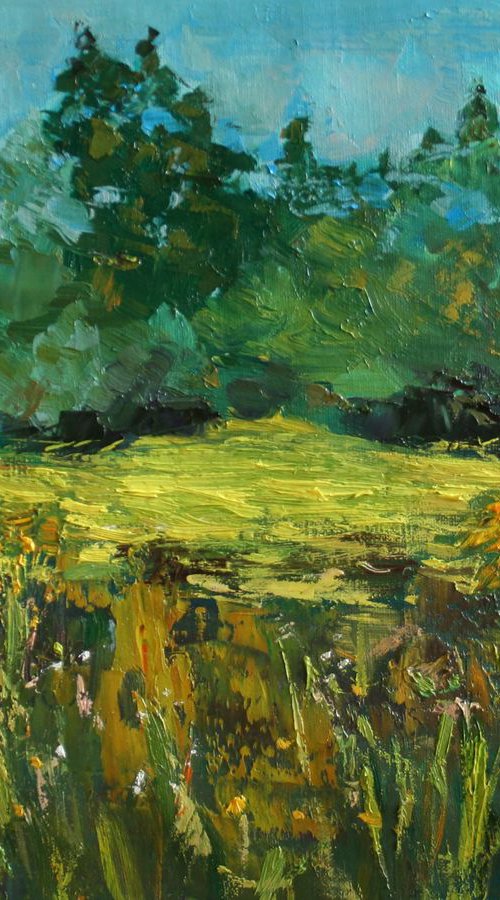 Grass and flowers in the meadow. PLEIN AIR #2 /  ORIGINAL PAINTING by Salana Art Gallery