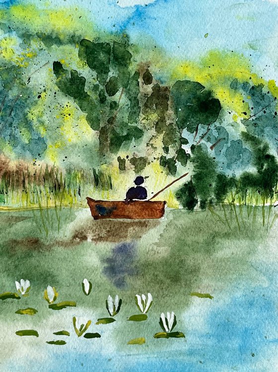 Fishing original watercolor painting