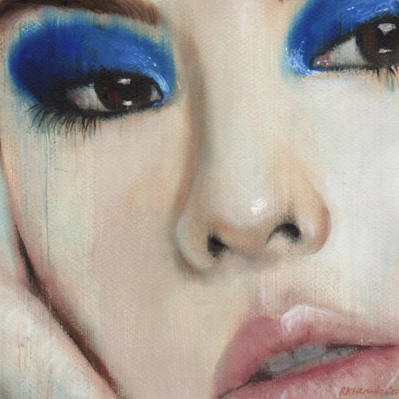 Lulu - beauty oil painting of women asian female on paper blue makeup closeup