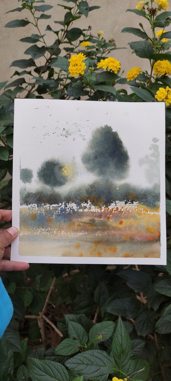 Misty Landscape Painting in watercolours, Switzerland landscape original, watercolour painting impressionist style, small art original gift