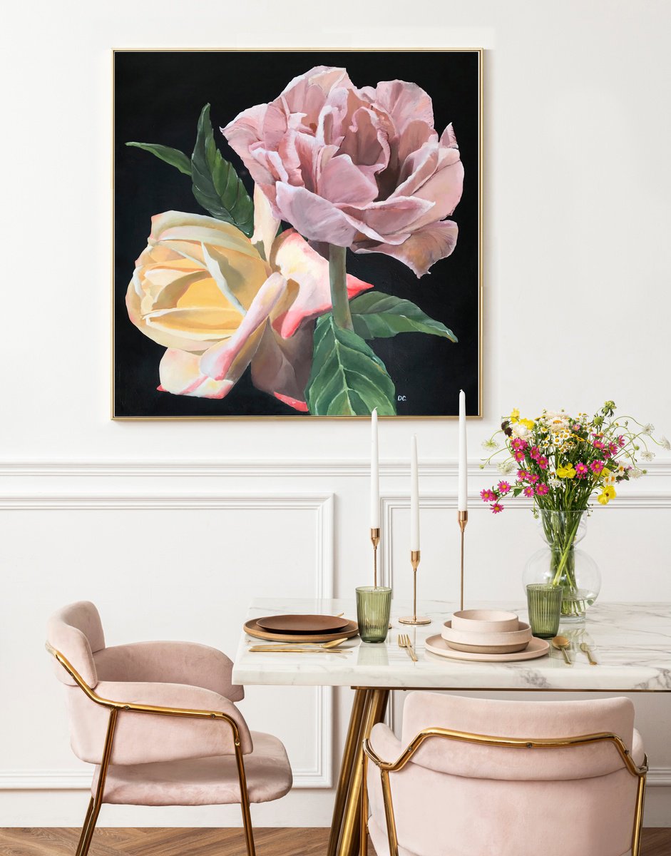English Garden Roses - Cottage Style, Shabby Chic, Organic Floral, XL LARGE PAINTING by Artemisia