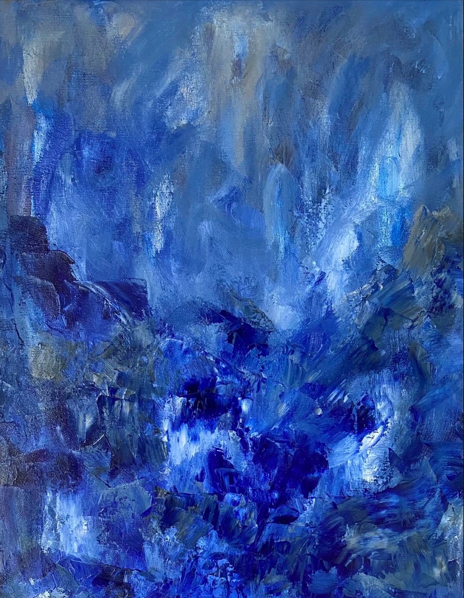Organic Abstract Oil Painting By Deepa Kern, 15 X 30, Blue Landscape, Original Artwork