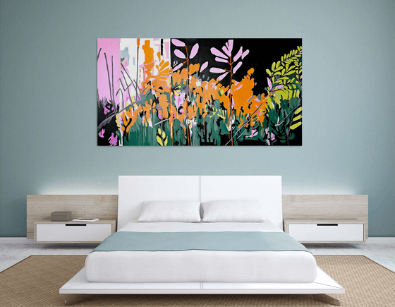 After the rain #3, orange pink black painting