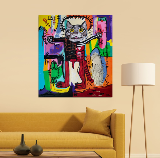 Red Cat Troy King, (102 x 91cm, 40 x 36 inches ) version of painting by Jean-Michel Basquiat  Untitled GLOW IN THE  DARK
