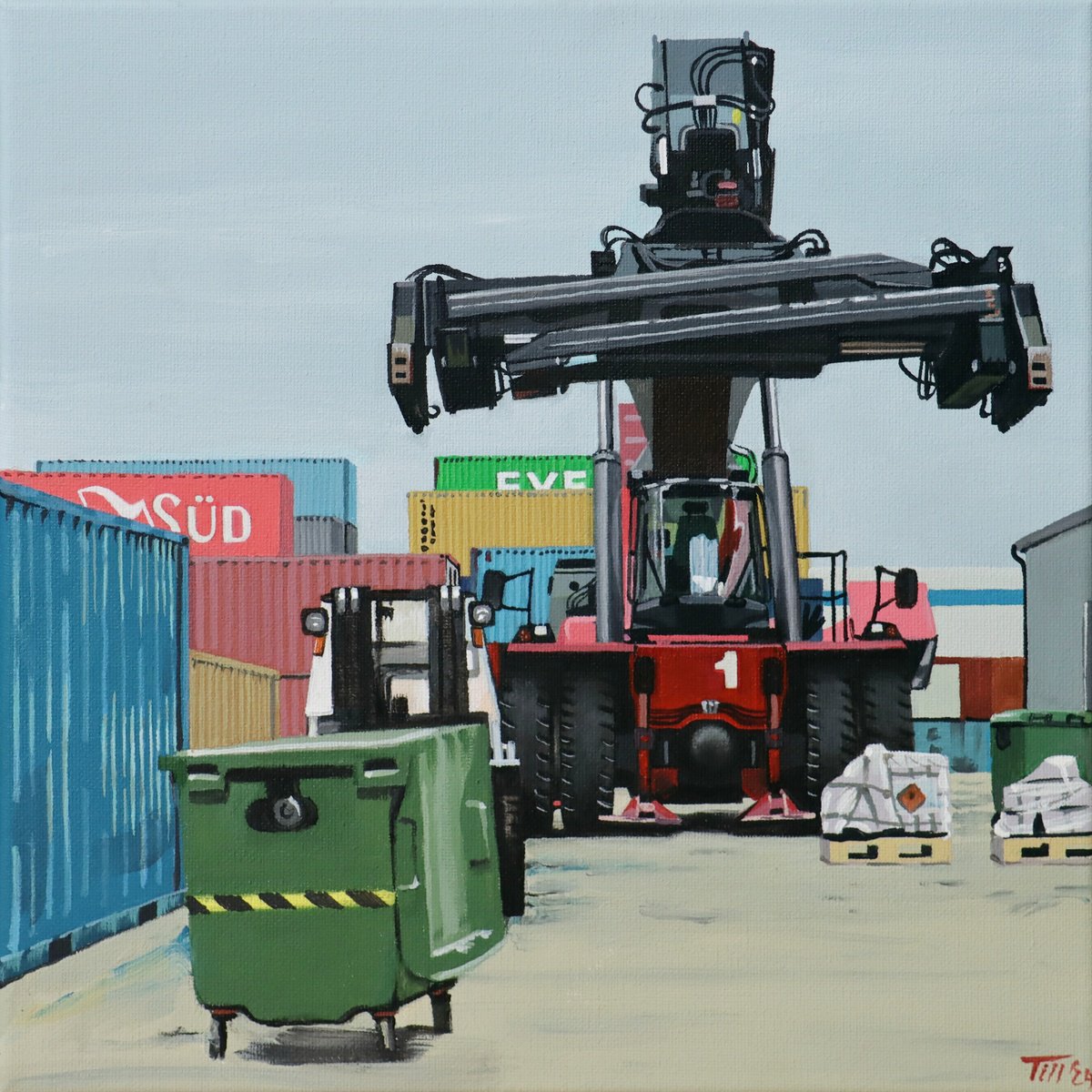 Photorealistic Cityscapes Acrylic Painting By Zoltan Till, 12 X 12", Service Station, Original Artwork