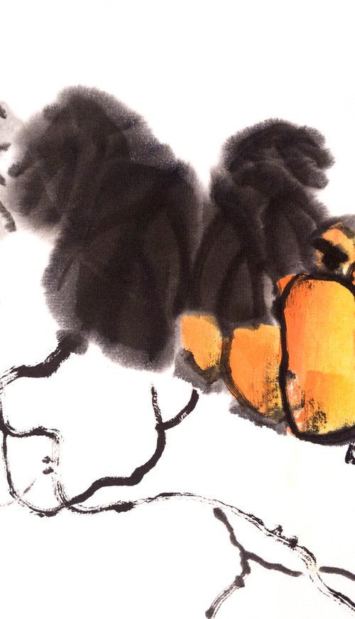 Pumpkin and two bees - Pumpkin series No. 02 - Oriental Chinese Ink Painting by Ilana Shechter