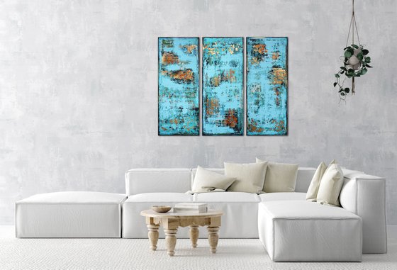 ISLANDS IN THE SEA * 120 x 150 cms -  ABSTRACT PAINTING *** READY TO HANG *** TRIPTYCH