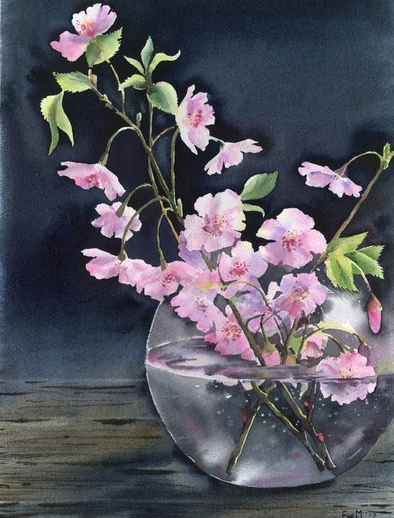 Still life with cherry blossoms in a vase.