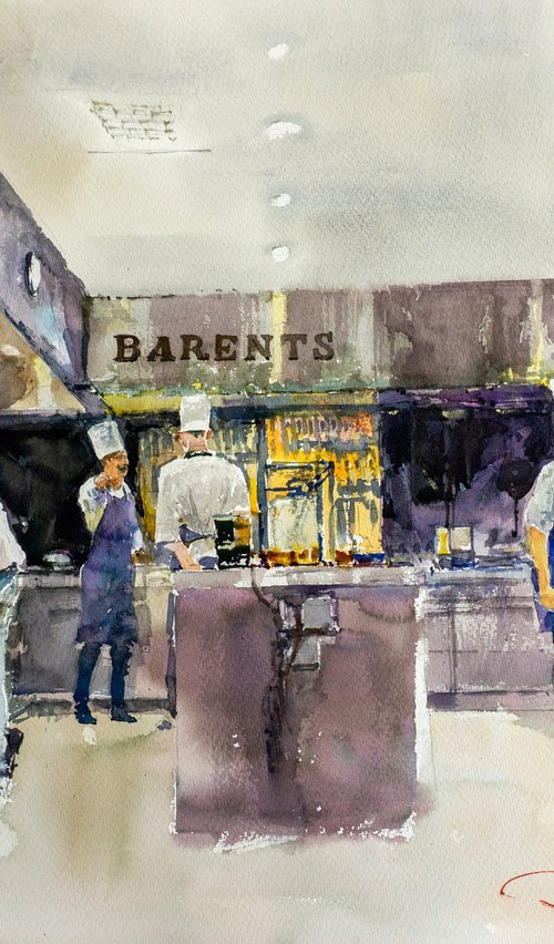 Restaurant Kitchen in Action. Watercolor on paper. by Aleksandrs Neberekutins