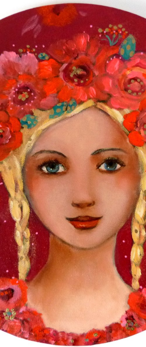 Masha in the garden 30 cm round canvas by Loetitia Pillault