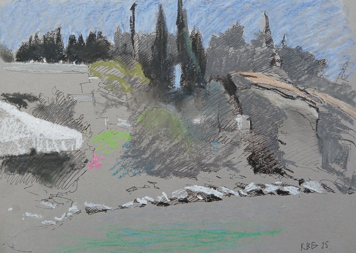 Graphic Landscape Pastel Drawing By Vasyl Koval, 12 X 8", Kavala, Original Artwork