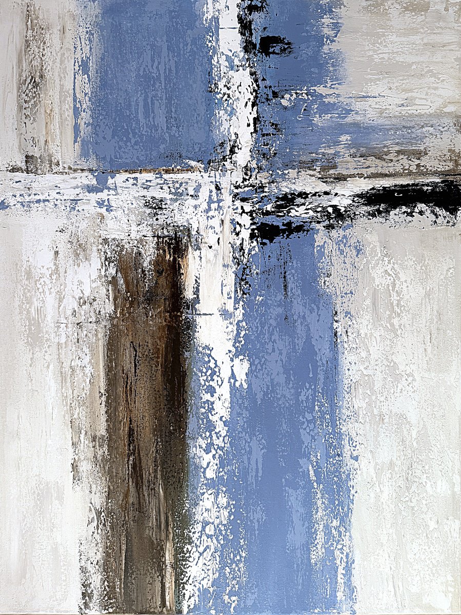 Geometric Abstract Acrylic Painting By Tatiana Malinovscaia, 35 X 47", Blue Sandstone Reflections, Original Artwork