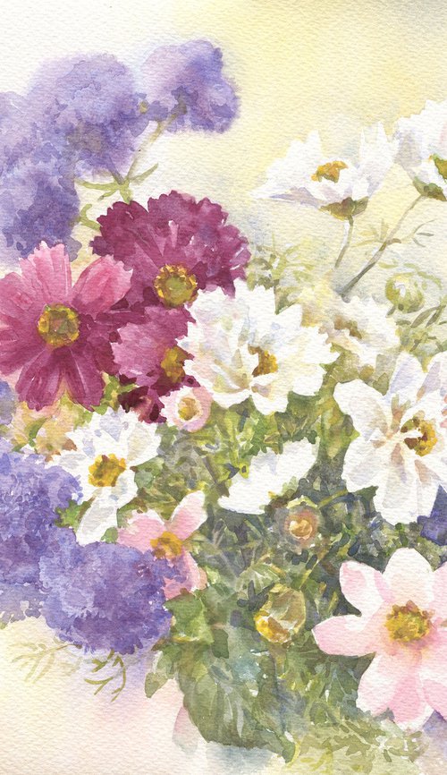 Cosmos and ageratum / Summer bouquet on white background Original floral watercolor picture by Olha Malko
