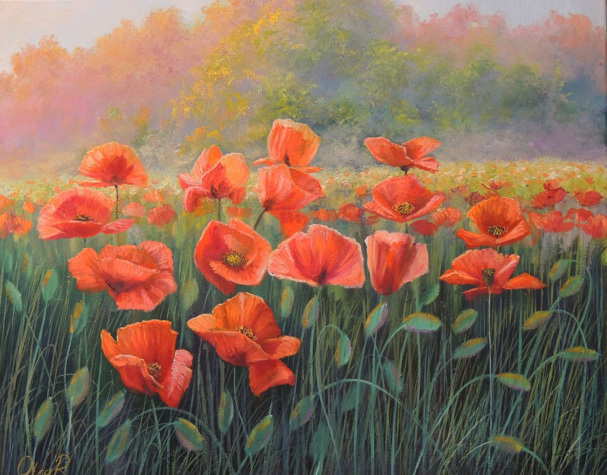 Photorealistic Landscape Oil Painting By Olga Riabchuk, 20 X 16", Red Meadow, Original Artwork