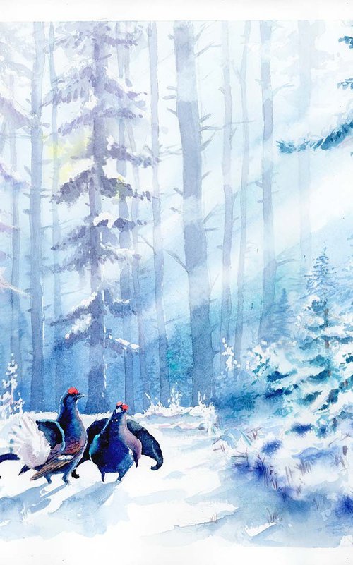 Winter landscape with snowy forest and black grouses by Karolina Kijak