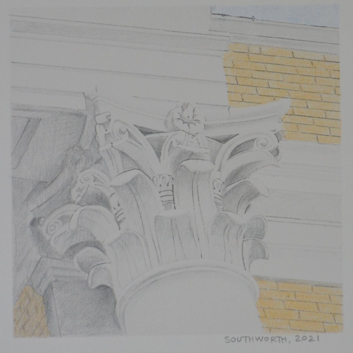 Miniature Pencil Drawing of a Corinthian Column with Sky by Linda Southworth
