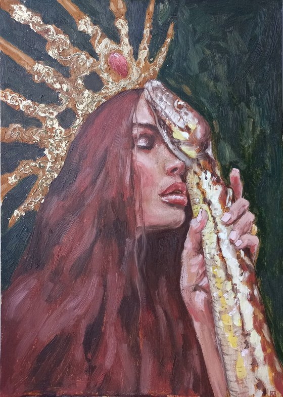 Snake Queen. Woman oil portrait. Etude style. 38 x 27 cm/ 15 x 10.6 in