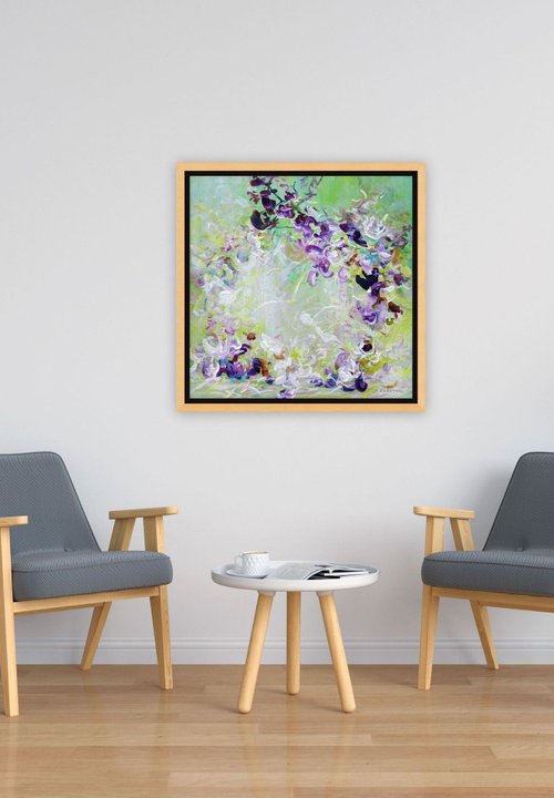 Original Abstract Floral Botanical Painting Textured Art Green Violet Purple Flowers II. Textured Modern Impressionistic Art. 2021 by Sveta Osborne
