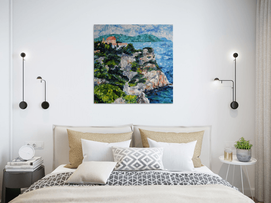 Greece island seascape large oil painting on canvas, monastery on mountain, coastal home decor