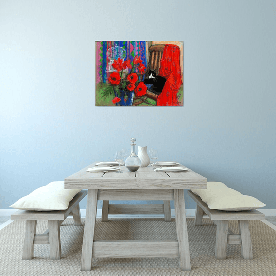 Black cat with Poppies